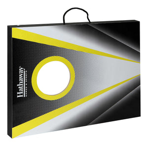 Hathaway Compact Cornhole Set - board folded closed with the rope carry handle at the top