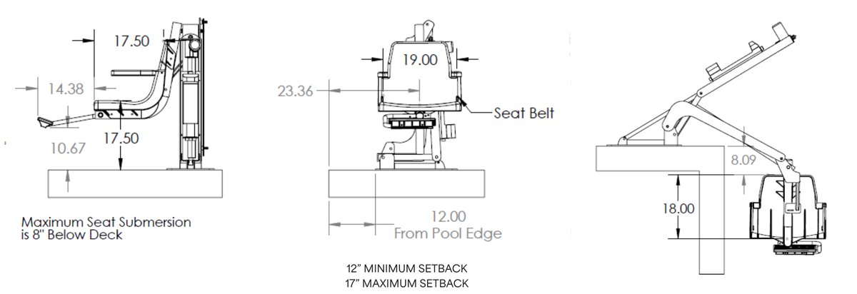 Global Pool Products C-450 pool lift dimension drawing – 12-17 in. setback