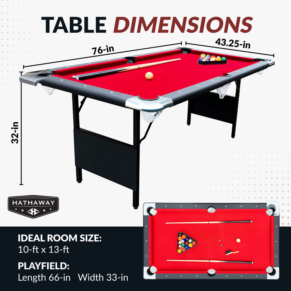 Hathaway Fairmont 6-ft Pool Table, Red - 76 x 43.25 x 32 in; 66 x 33 in playfield, 10 x 13 ft room