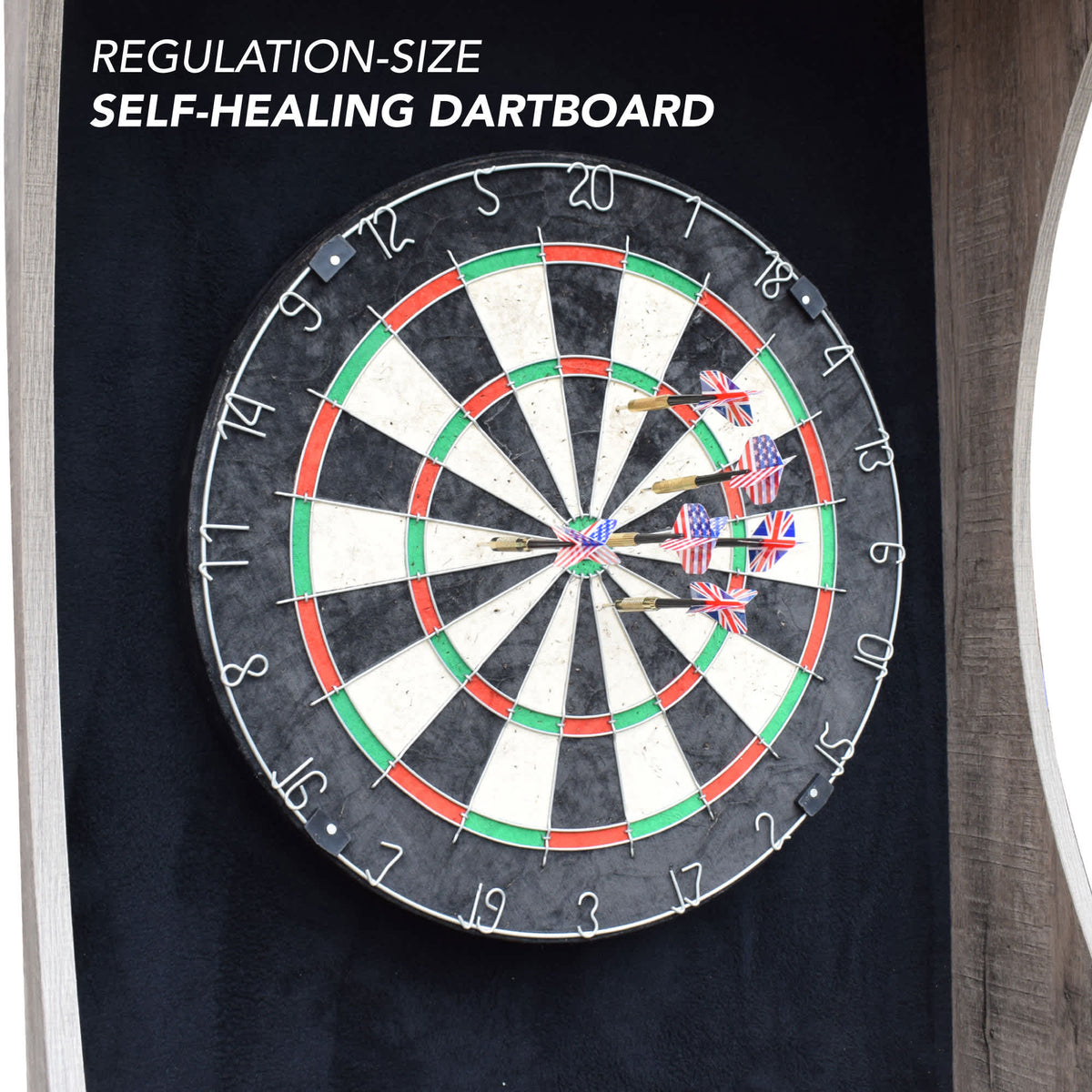 Hathaway Westwood Dartboard Cabinet - regulation-size self-healing bristle board with darts in it