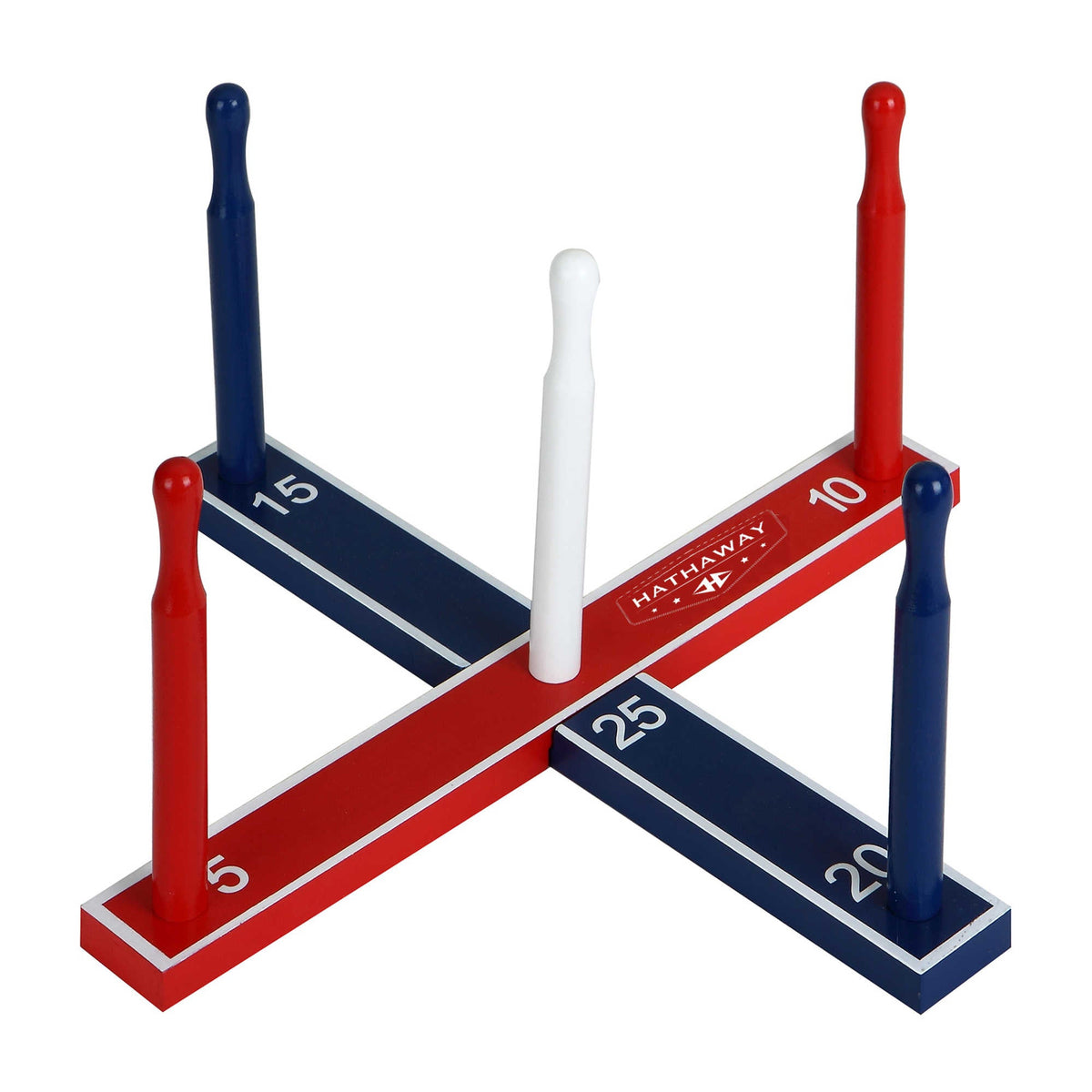 Hathaway Ring Toss Game Set - assembled cross base with the five numbered scoring dowels