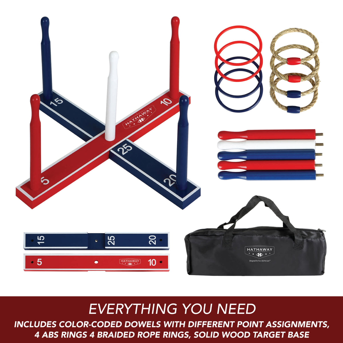 Hathaway Ring Toss Game Set - contents: scoring rails, five dowels, four ABS rings, four rope rings, bag