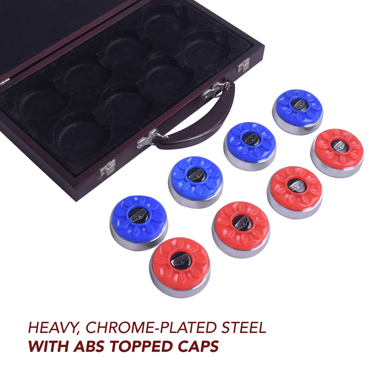 Hathaway Pro Series Shuffleboard Pucks - chrome-plated steel bodies with ABS topped caps