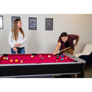 Hathaway Triple Threat Multi-Game Table - two players at the red pool bed with the table rotated