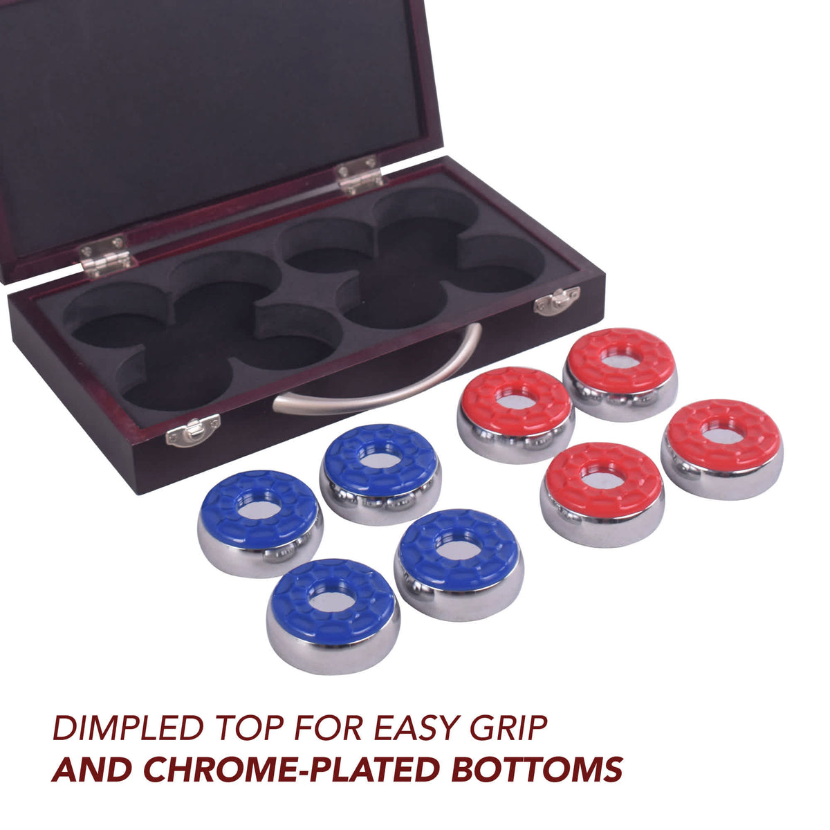 Hathaway Shuffleboard Pucks - dimpled tops for grip with chrome-plated bottoms, case alongside