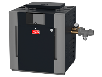 Raypak Low NOx ASME pool heater, front view with gas train and bronze headers