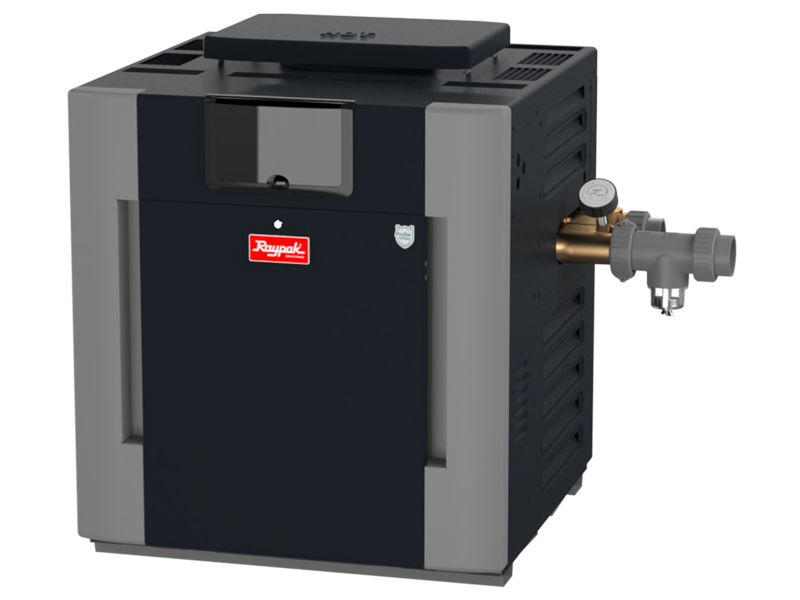 Raypak Low NOx ASME pool heater, front view with gas train and bronze headers