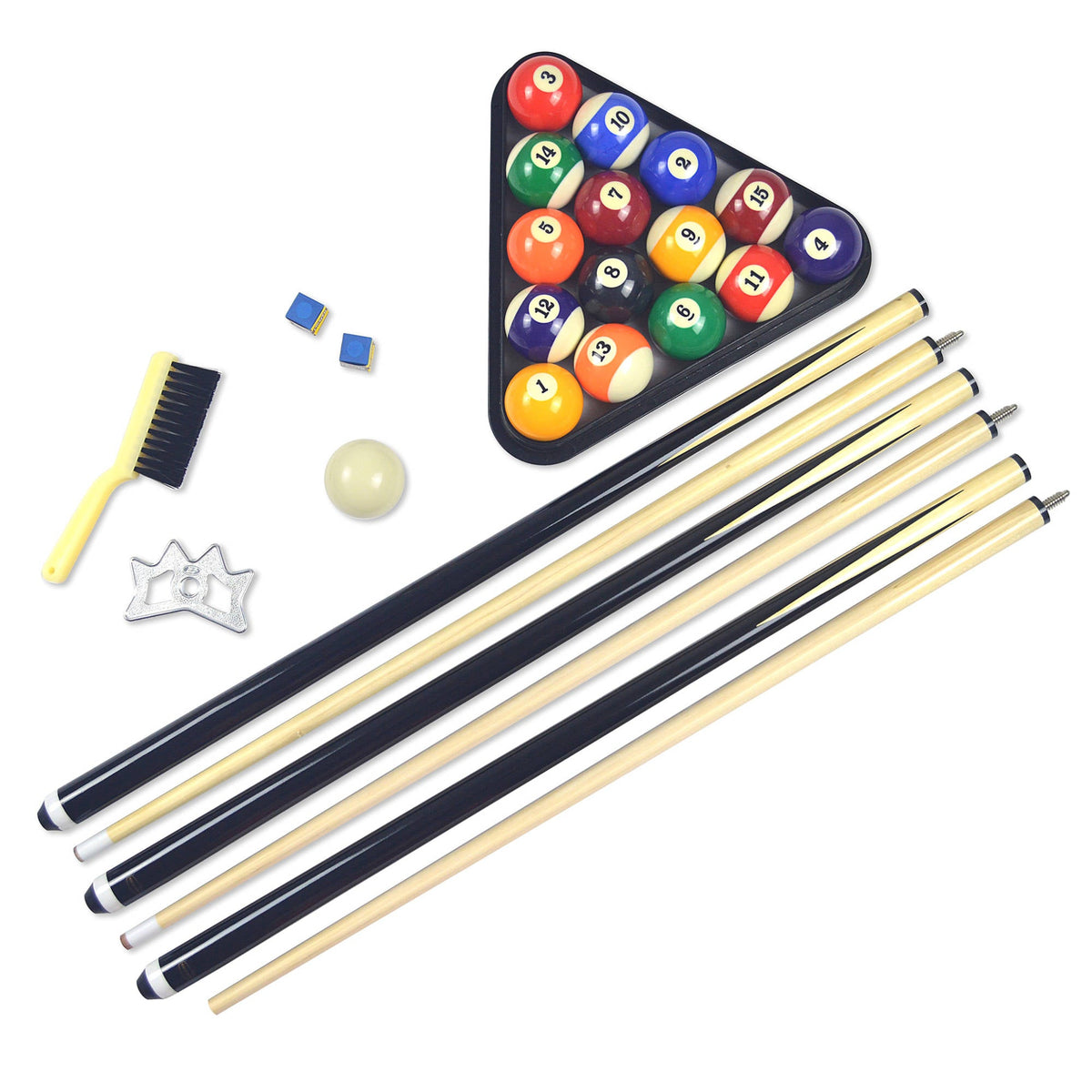 Hathaway Pool Table Accessory Kit - four cues, ball set, triangle rack, brush, chalk and cue clamp