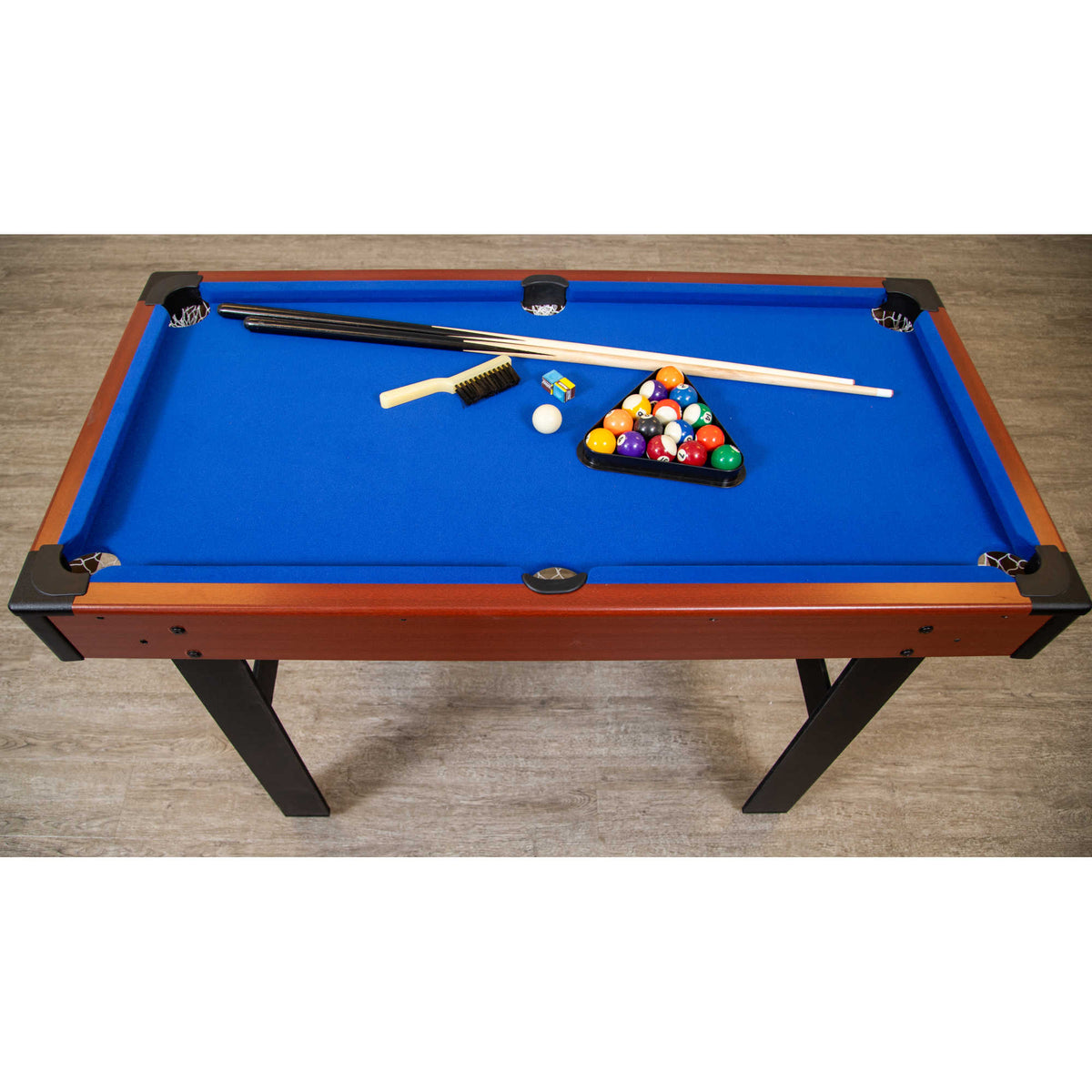 Hathaway Triad Multi-Game Table - pool bed from above with cues, rack, brush and chalk