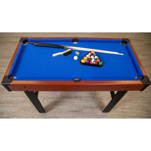 Hathaway Triad Multi-Game Table - pool bed from above with cues, rack, brush and chalk