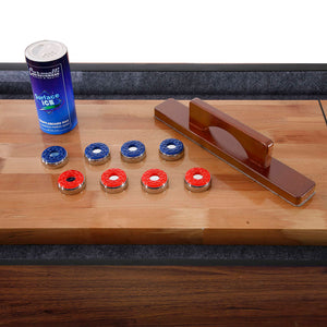 Hathaway Crestline Shuffleboard - eight pucks, shuffleboard wax and the sweep block on the board