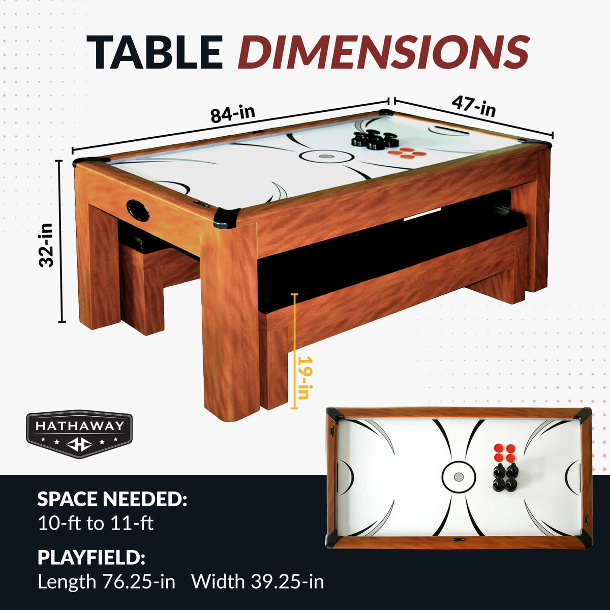 Hathaway Sherwood 7-ft Air Hockey Table Combo Set with Benches Game Room Table — dimension and specification diagram