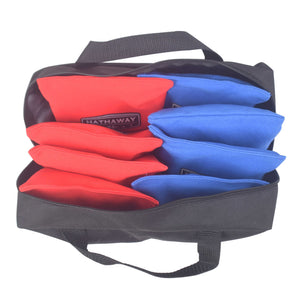 Hathaway Regulation Cornhole Bag Set - case open with four red and four blue bags packed