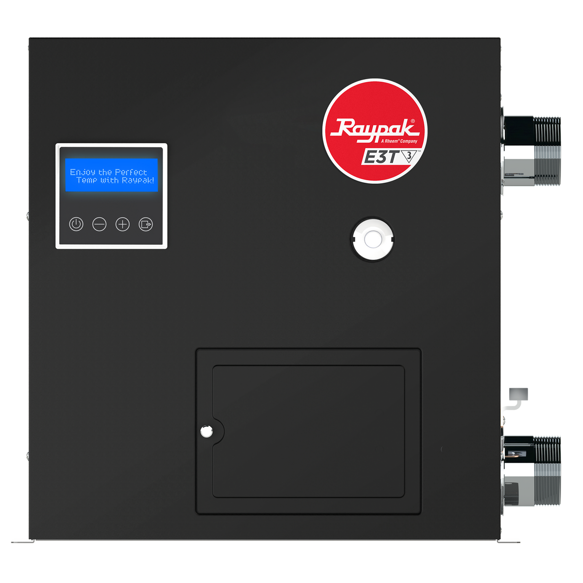Raypak E3T 3 phase electric pool heater, front view of the commercial titanium-element cabinet
