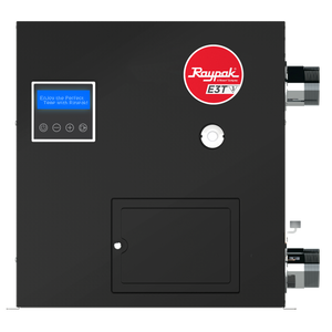 Raypak E3T 3 phase electric pool heater, front view of the commercial titanium-element cabinet