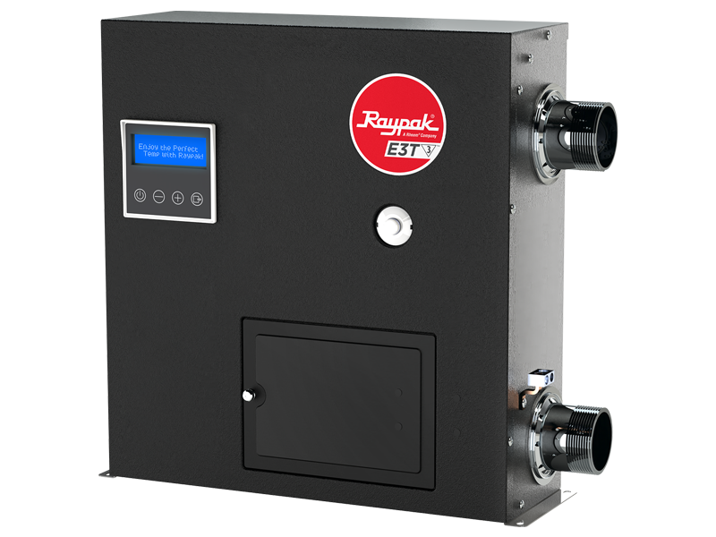 Raypak E3T 3-phase commercial electric pool and spa heater, front face and display