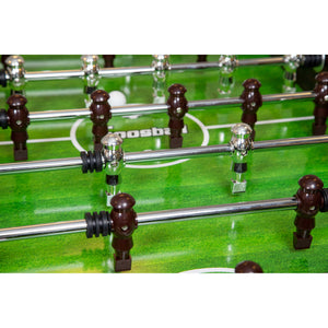 Hathaway Primo Foosball Table - chrome and walnut player figures ranked across the green pitch