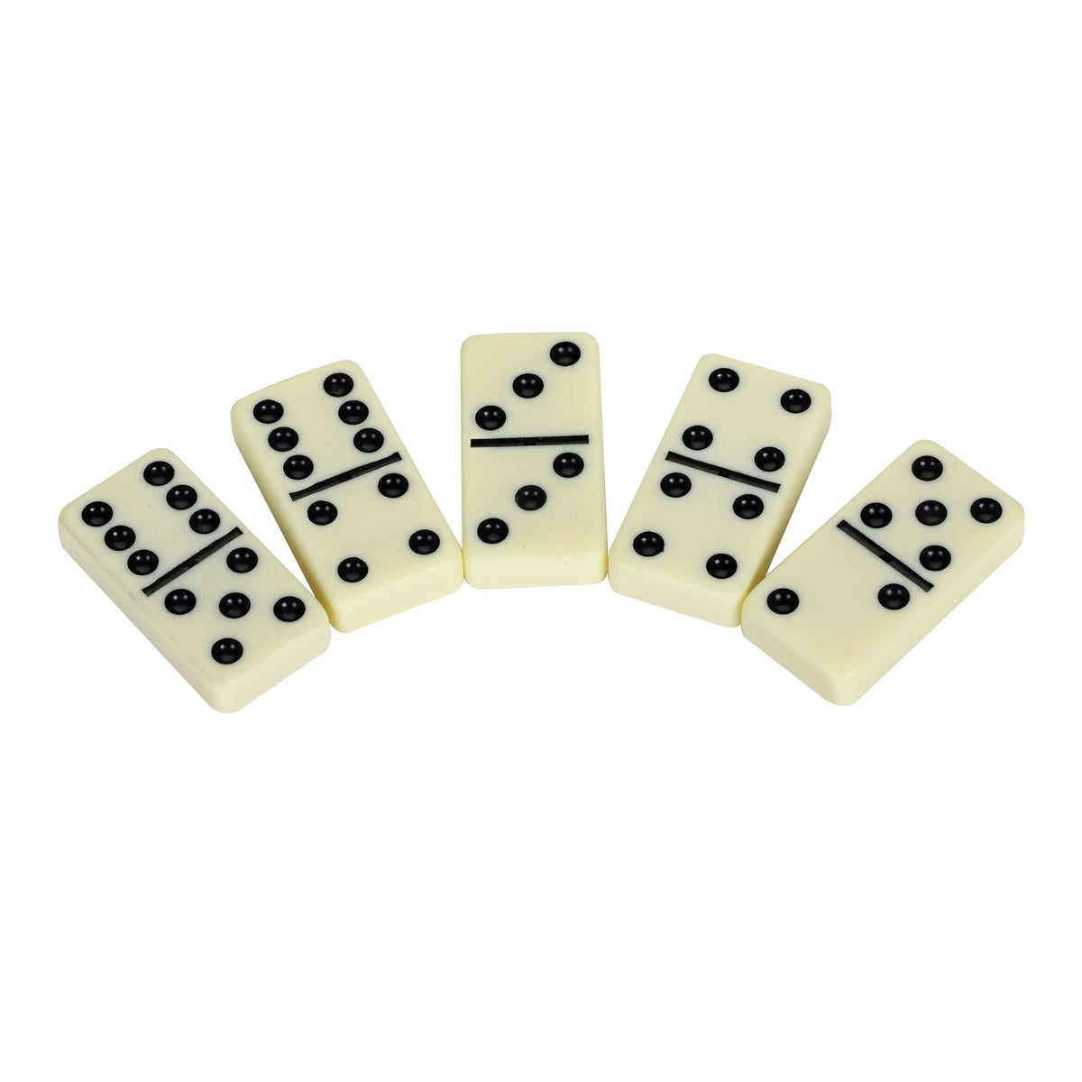Hathaway Premium Domino Set - five tiles fanned out showing the ivory faces and black pips