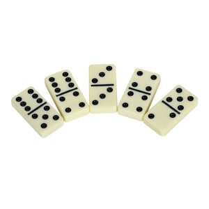 Hathaway Premium Domino Set - five tiles fanned out showing the ivory faces and black pips