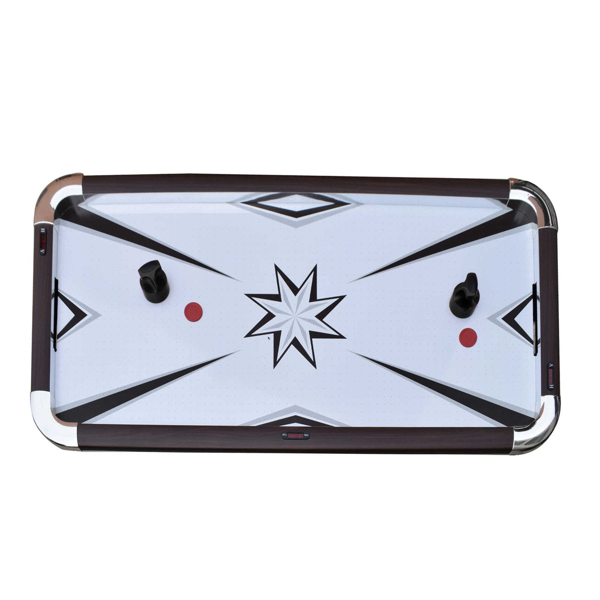 Hathaway Midtown II Air Hockey Table - playfield from above with both strikers and pucks