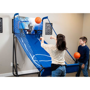 Hathaway Hoops Dual Basketball Arcade - two players shooting at the twin hoops in a games room