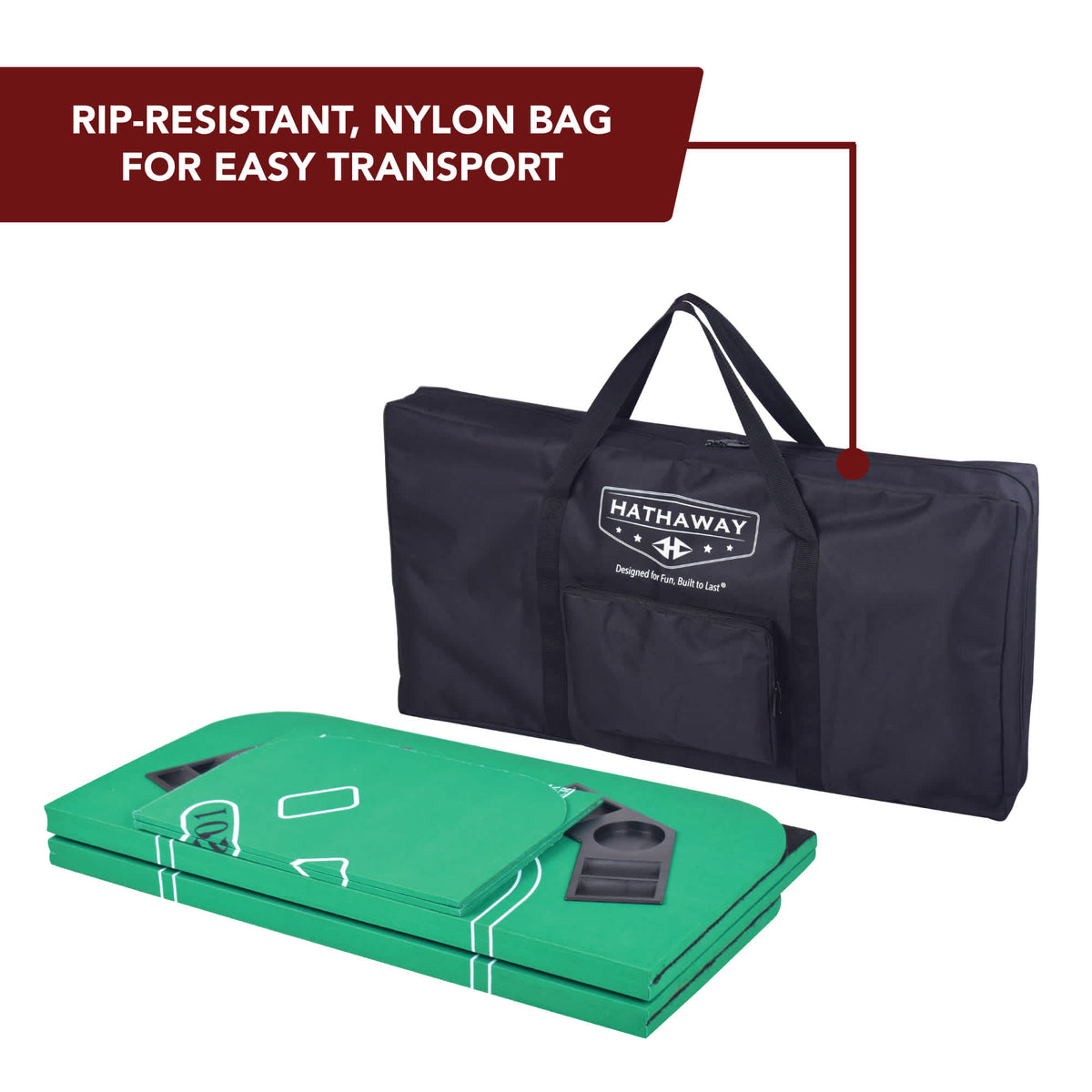 Hathaway No Limit Casino Table Top - folded into four with the nylon carry bag alongside