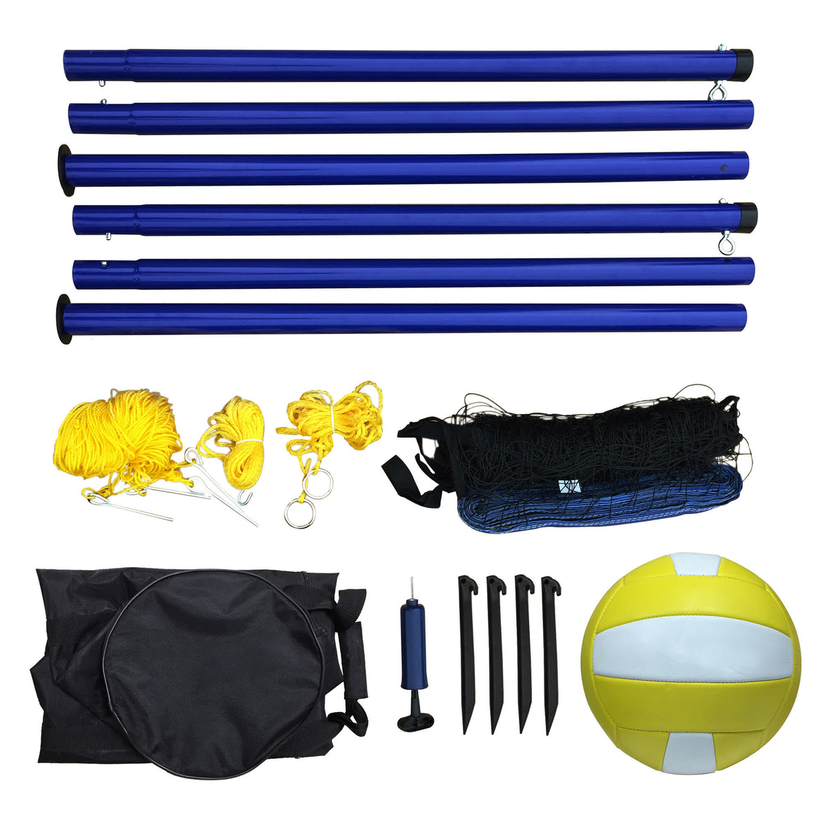 Hathaway Volleyball Game Set - all components laid out: six pole sections, guy ropes, pegs and ball