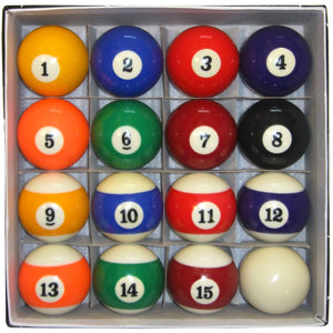 Hathaway Billiard Ball Set - all sixteen balls seen from above in the moulded tray
