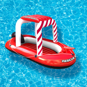Blue Wave Rescue Squad Inflatable Boat - boat alone on the water showing canopy, squirter and motor