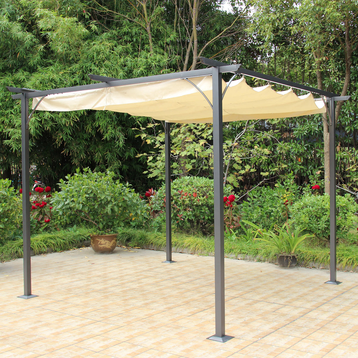 Island Retreat Roman Shade Pergola Canopy - pergola erected on a paved patio against foliage