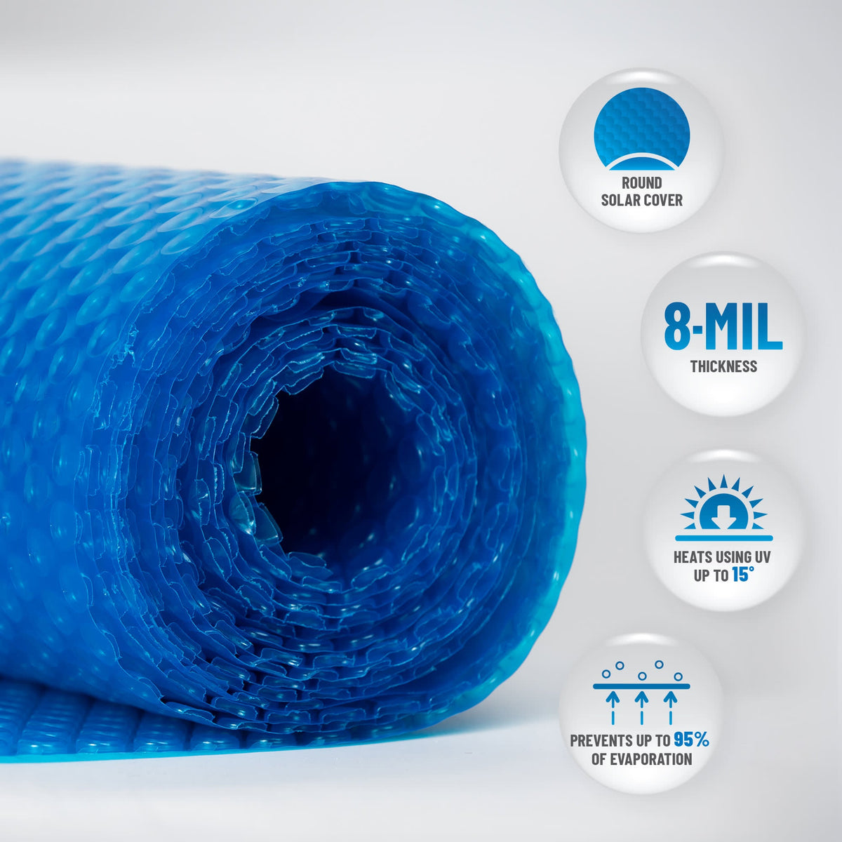 Blue Wave 8-mil Round Solar Blanket - rolled cover with 8-mil thickness, UV heating and evaporation icons