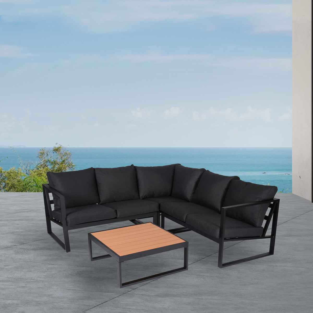 Island Retreat Monaco Contemporary Outdoor Sectional - Slate Grey Patio Furniture &amp; Umbrella — shown from the opposite side