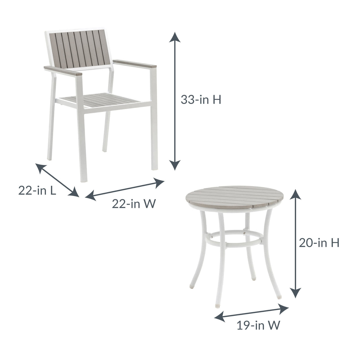 Island Retreat Tek-Wood Patio Set - chair 22 x 22 x 33 in; side table 19 in across and 20 in high