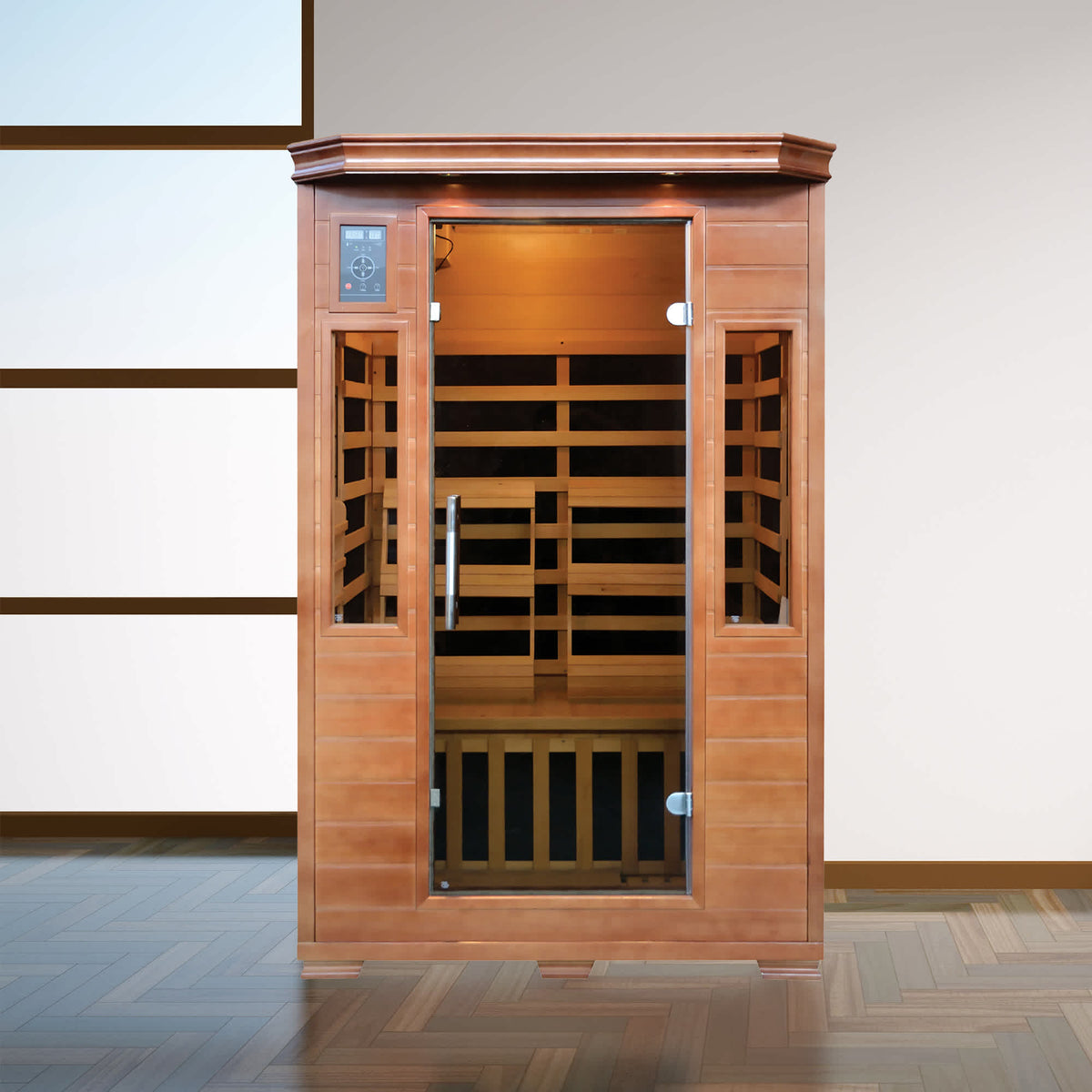 HeatWave Majestic Sauna - two-person cabin lit inside, installed against a panelled wall