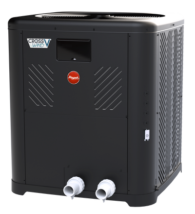 Raypak Crosswind V heat pump, quarter view of the vertical discharge cabinet