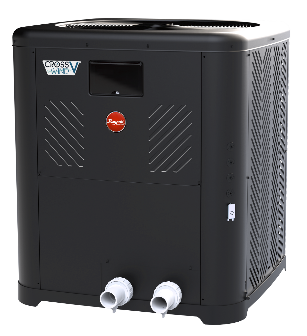 Raypak Crosswind V heat pump, quarter view of the vertical discharge cabinet