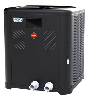 Raypak Crosswind V heat pump, quarter view of the vertical discharge cabinet