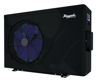 Raypak Crosswind inverter heat pump, right three-quarter view of the horizontal discharge unit