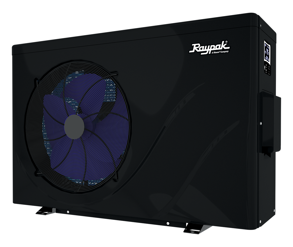 Raypak Crosswind inverter heat pump, right three-quarter view of the horizontal discharge unit