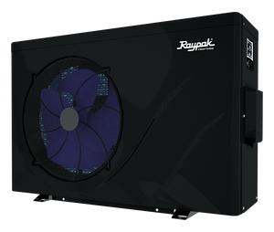 Raypak Crosswind inverter heat pump, right three-quarter view of the horizontal discharge unit