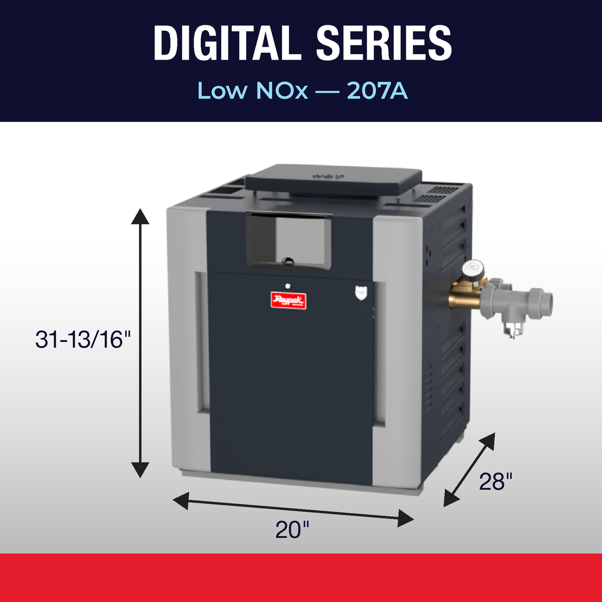 Raypak 207A gas pool heater dimension drawing with cabinet height, width and depth