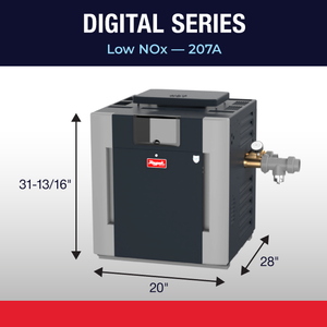 Raypak 207A gas pool heater dimension drawing with cabinet height, width and depth