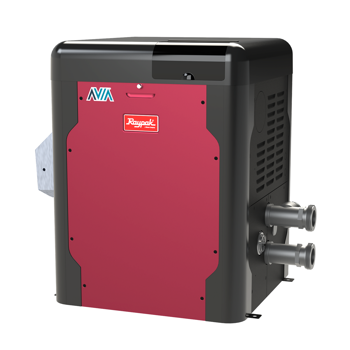 Raypak AVIA pool heater, front three-quarter view of the Wi-Fi enabled cabinet