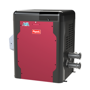 Raypak AVIA pool heater, front three-quarter view of the Wi-Fi enabled cabinet