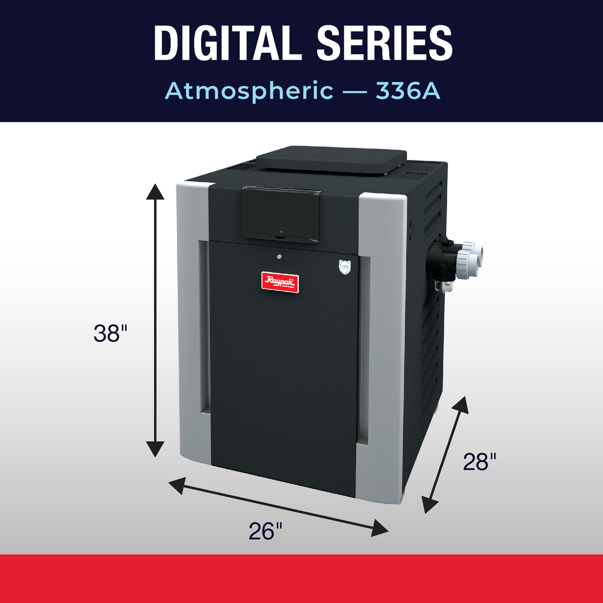 Raypak 336A gas pool heater dimension drawing with cabinet height, width and depth