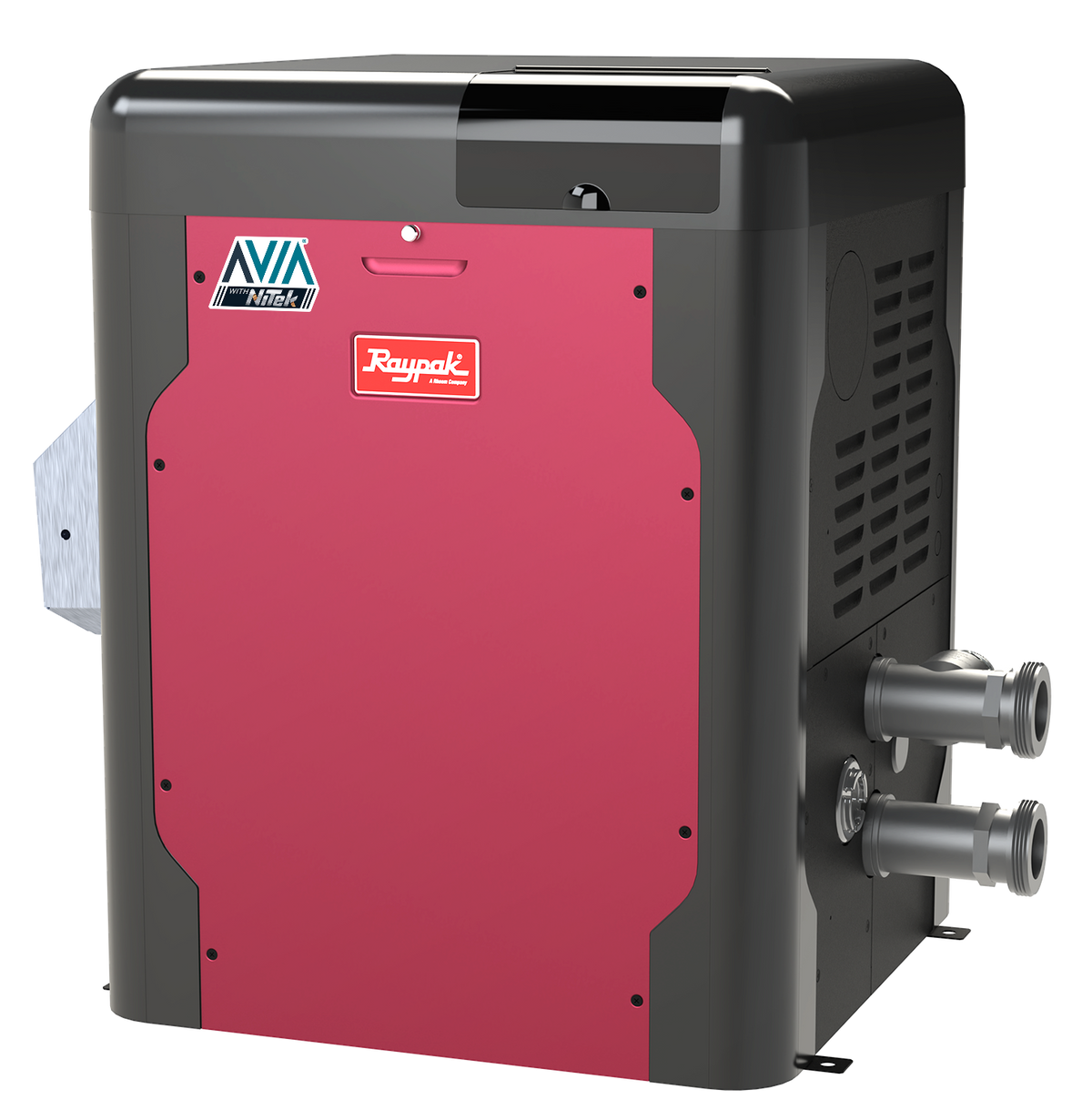 Raypak AVIA HD NiTek pool heater, quarter view of the cabinet and control panel