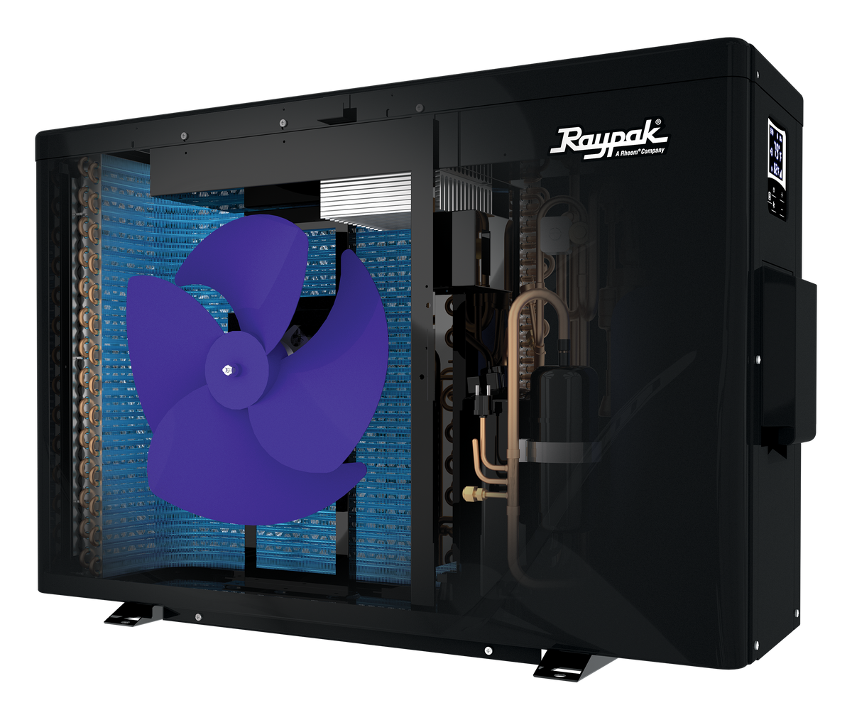 Raypak Crosswind heat pump cutaway showing inverter compressor and low-speed fan motor
