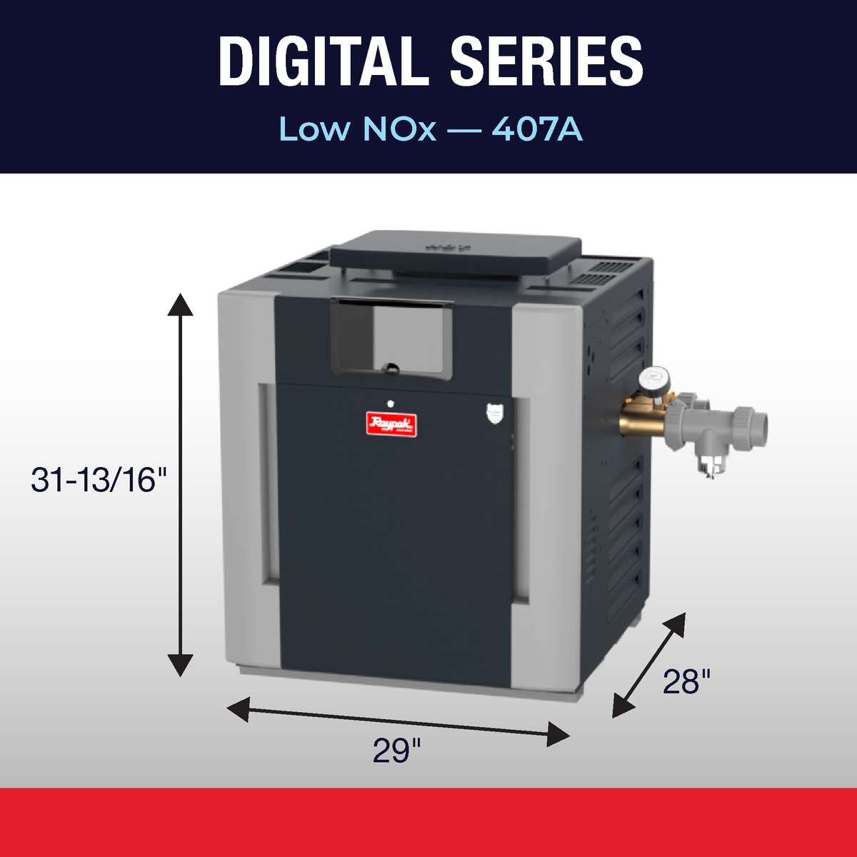 Raypak 407A gas pool heater dimension drawing with cabinet height, width and depth