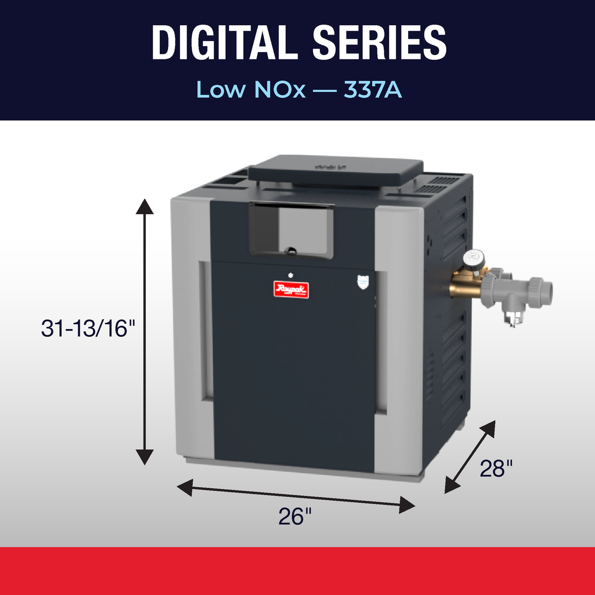 Raypak 337A gas pool heater dimension drawing with cabinet height, width and depth
