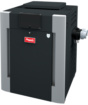 Raypak Digital gas pool heater, front three-quarter view of the atmospheric cabinet